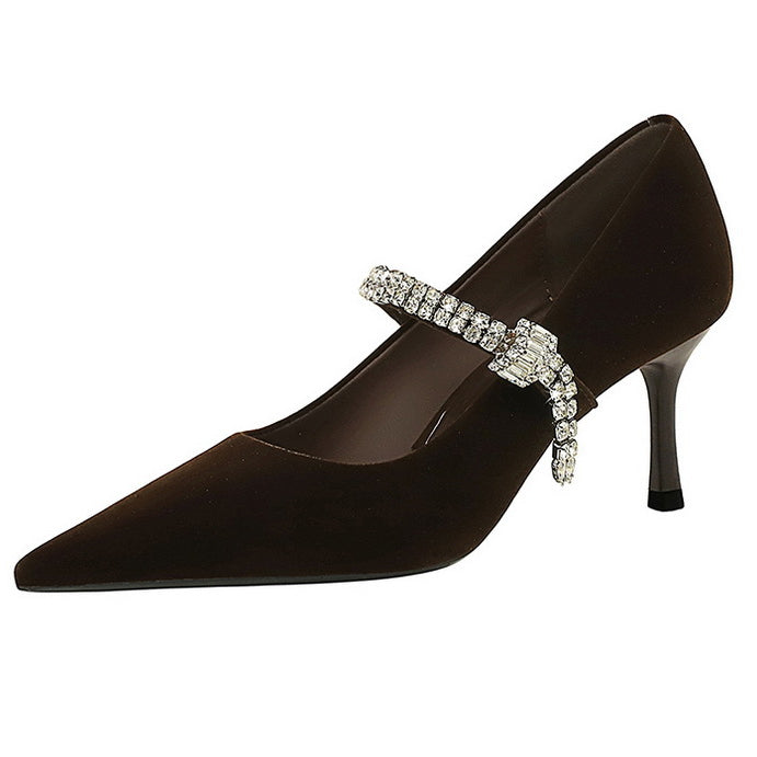 Elegant brown velvet Mary Jane high heel with rhinestone strap by Langry fashion