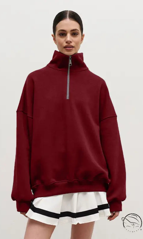 Maroon half zipper autumn winter fleece lined collared sweatshirt
