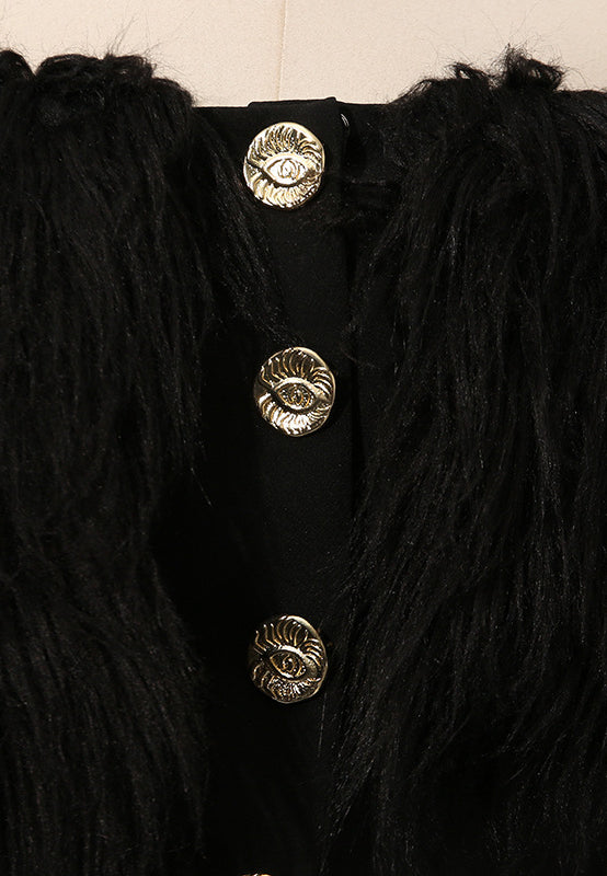 Langry fashion black fur coat blazer with silver buttons and Chanel logo