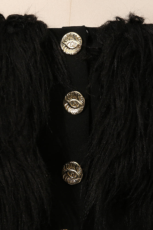 Langry fashion black fur coat blazer with silver buttons and Chanel logo