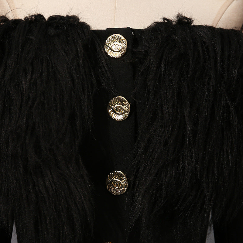 Langry fashion black fur coat blazer with silver buttons and Chanel logo