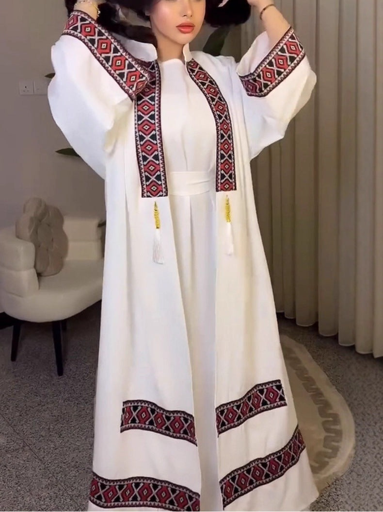 Langry fashion white embroidered dress with red black geometric patterns