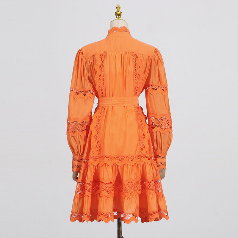 Orange lace-trimmed Elegant French Vintage Dress, a stylish choice for langry fashion ملابس
