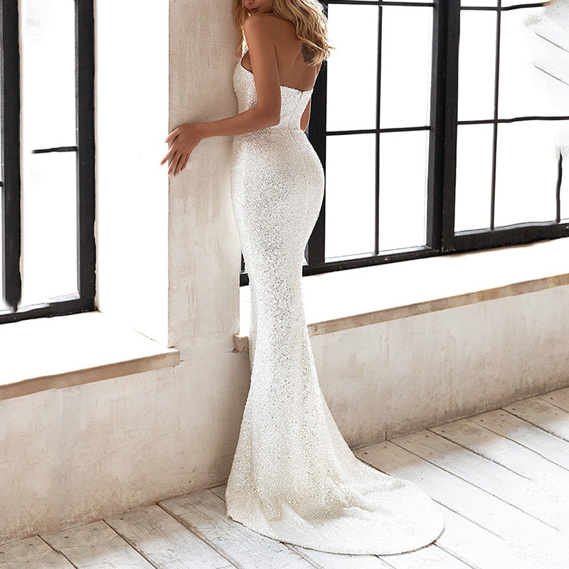 Strapless fitted white sequined gown from the Gorgeous Slim Fit Dress collection in fashion