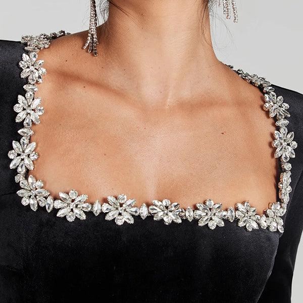 Elegant Black Dress with Crystal Flower Neckline and Chandelier Earrings for Fashion