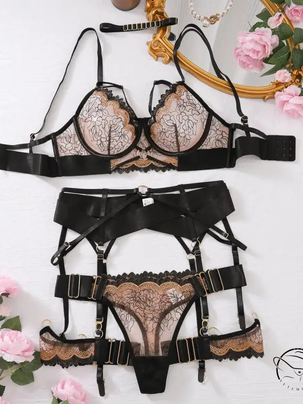 Complex Craft black lace lingerie set with floral embroidery