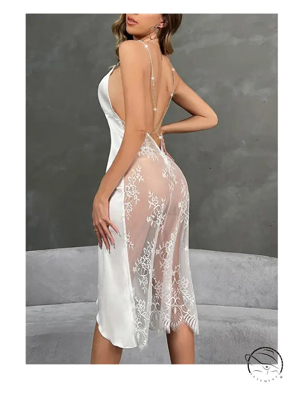 White langry satin slip dress with eyelash lace floral overlay