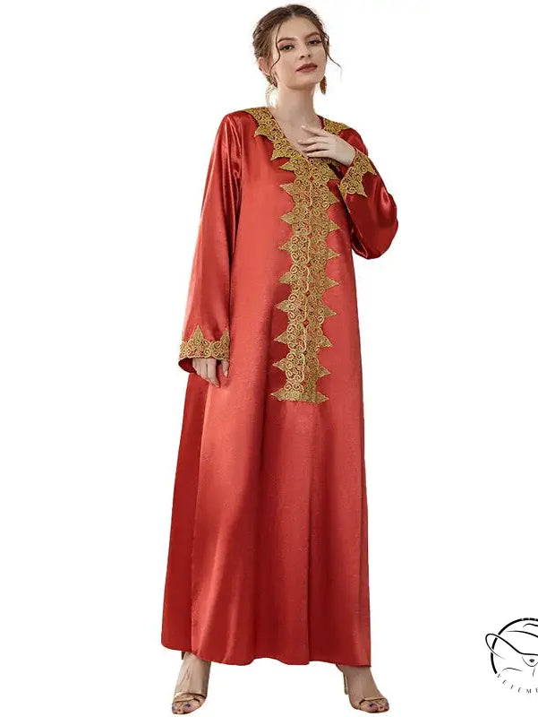 Elegant red satin abaya with gold embroidery, langry fashion ملابس