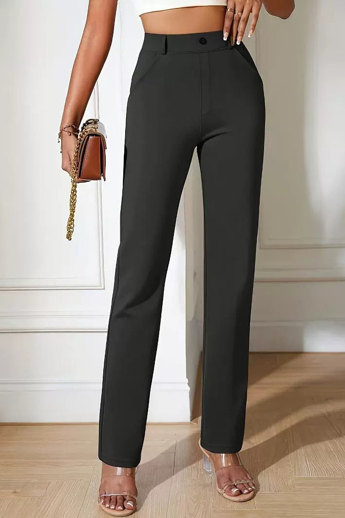 High-waisted black straight-leg pants for a casual office fashion look