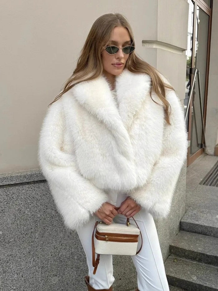 Gorgeous faux fur jacket with white fluffy coat, wide collar, long sleeves