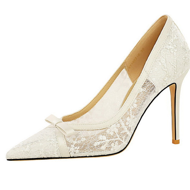 Cocktail High Heel Women Shoes Bow Sequined Lace Mesh Pointed Shallow Mouth Stiletto