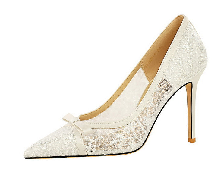 Cocktail High Heel Women Shoes Bow Sequined Lace Mesh Pointed Shallow Mouth Stiletto