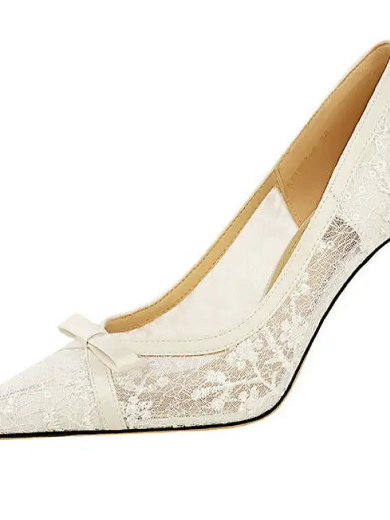 Cocktail High Heel Women Shoes Bow Sequined Lace Mesh Pointed Shallow Mouth Stiletto