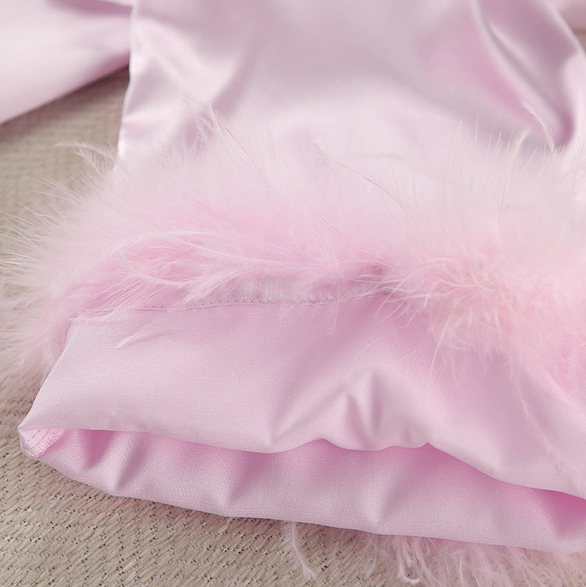 Pink satin fabric with feather trim for Pink Cardigan Lace up Feather Homewear, elegant feather homewear piece