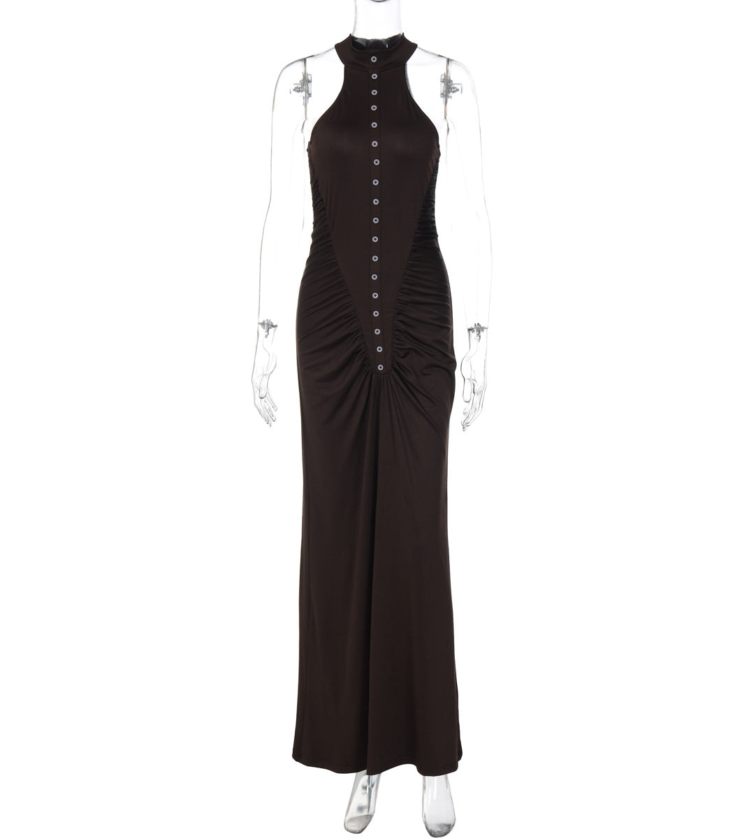 Langry black halter neck maxi dress with silver front buttons