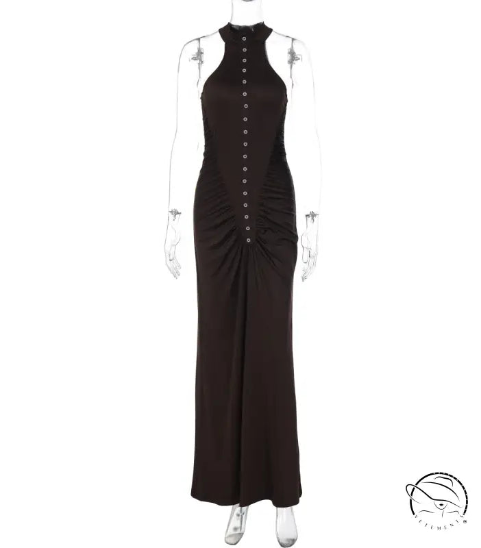 Black halter neck langry maxi dress with silver buttons