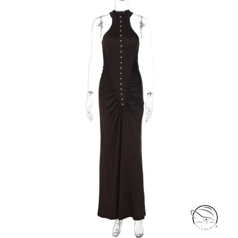 Black halter neck langry maxi dress with silver buttons
