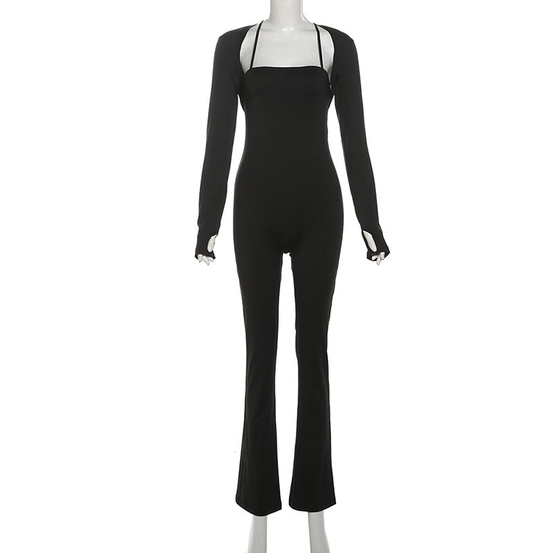 Black jumpsuit with long-sleeved shrug from Casual Tight Jumpsuit Two Piece Set, stylish ملابس for fashion enthusiasts