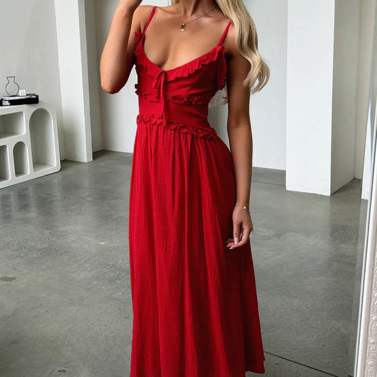 Elegant red midi dress with spaghetti straps, perfect for langry fashion and ملابس styles