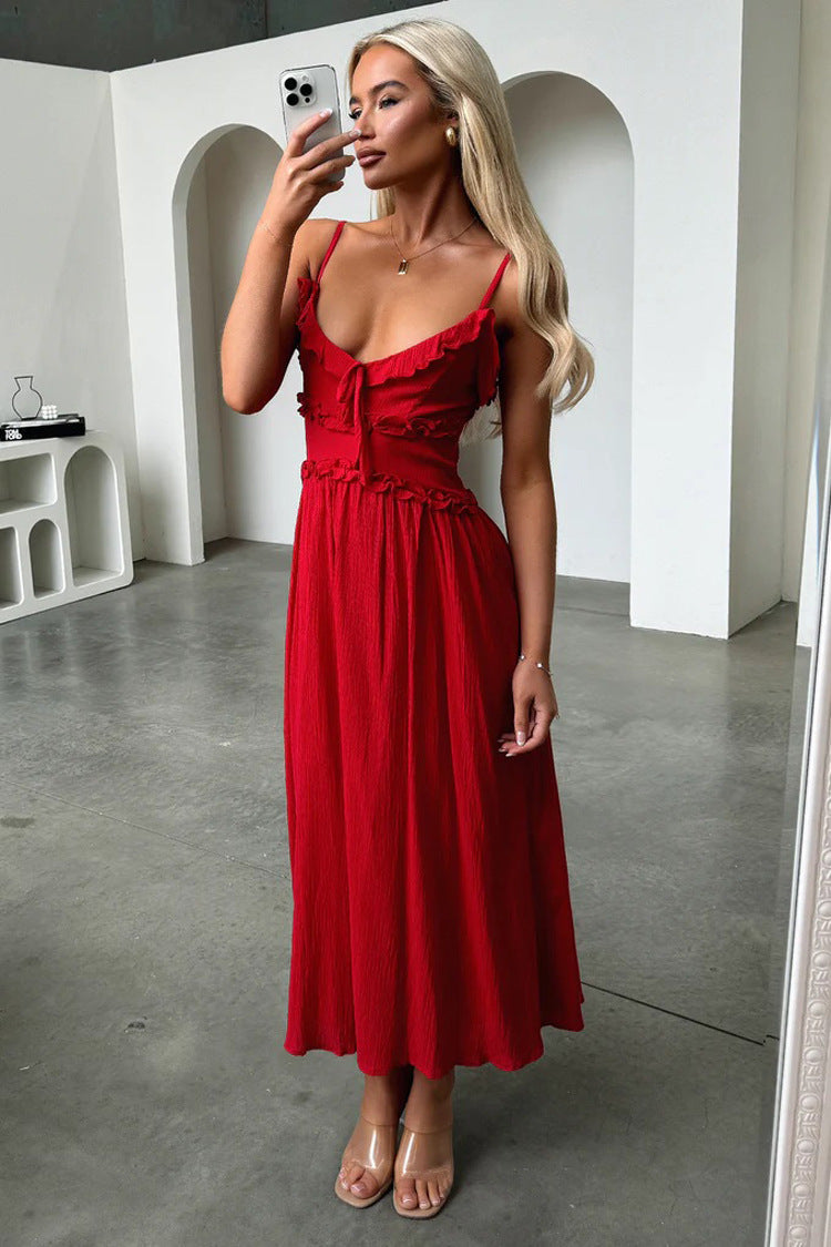Elegant red midi dress with spaghetti straps, perfect for langry fashion and ملابس styles