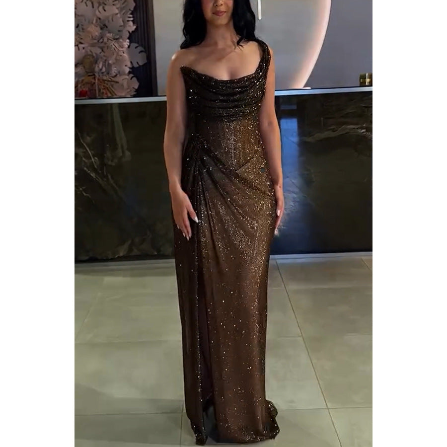 Elegant brown sequined gown for casual gathering fashion in stylish ملابس collection