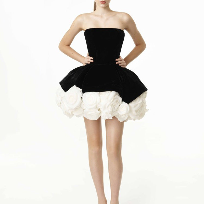Strapless black dress with white floral skirt for elegant fashion and ملابس style