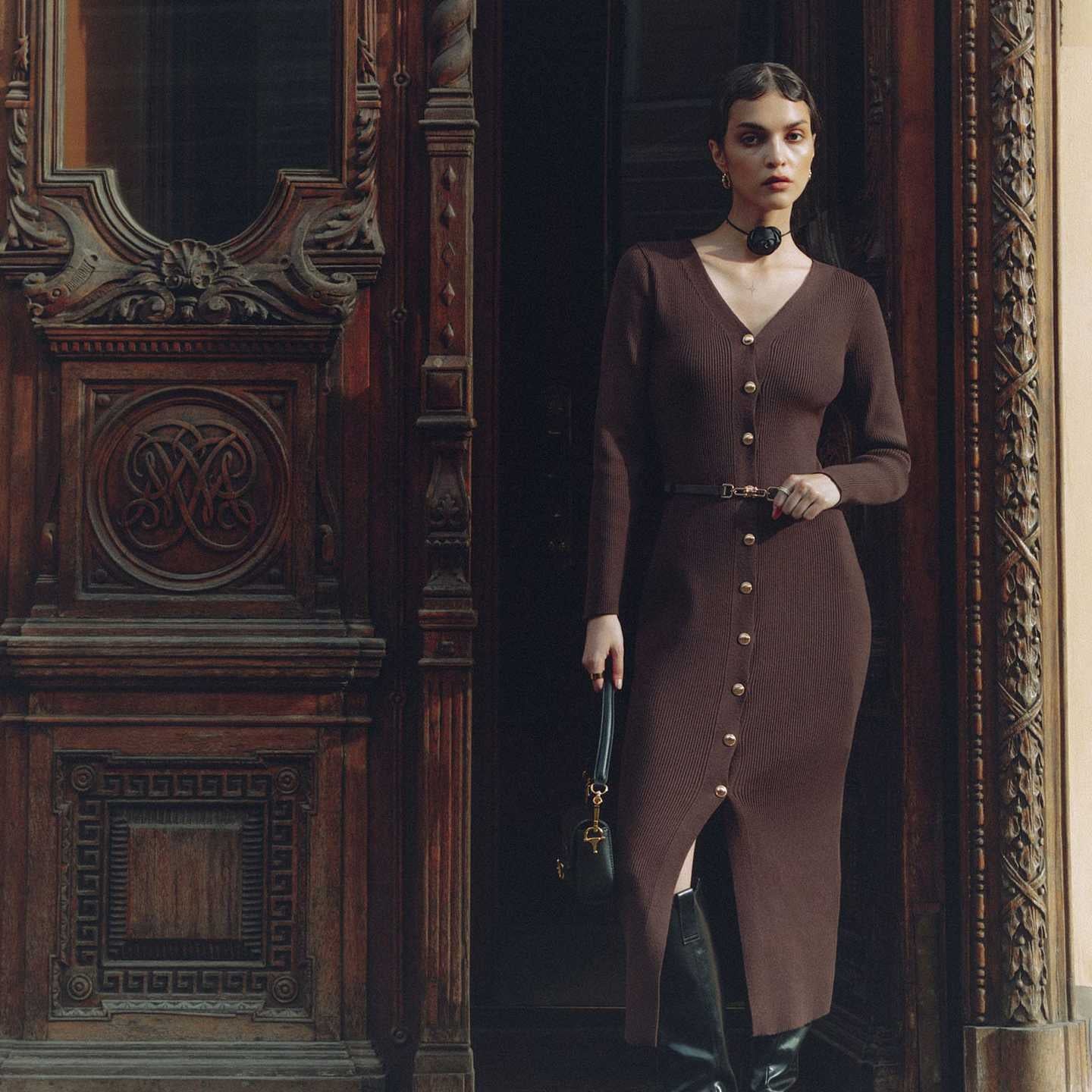 Brown long sleeve ribbed knit dress with buttons, a stylish cardigan-inspired fashion piece