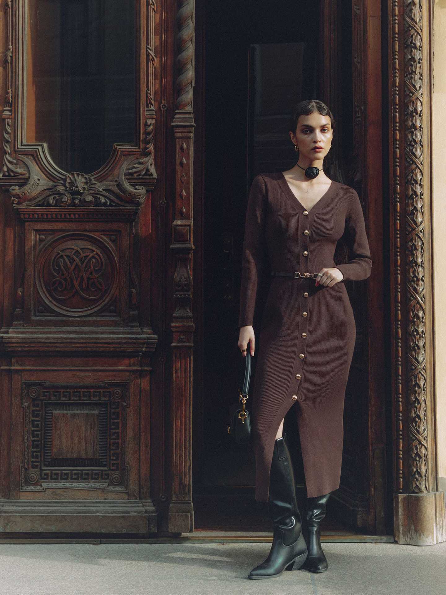 Brown long sleeve ribbed knit dress with buttons, a stylish cardigan-inspired fashion piece