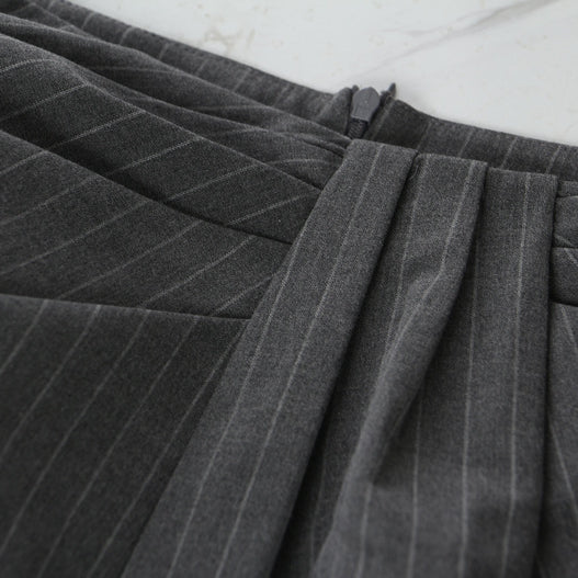 Dark grey pinstriped casual pants suit with pleats and side zipper for stylish comfort
