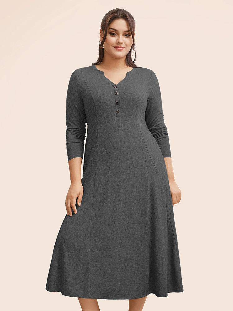Winter loose langry fashion dress featuring a charcoal gray midi with V-neck and buttons