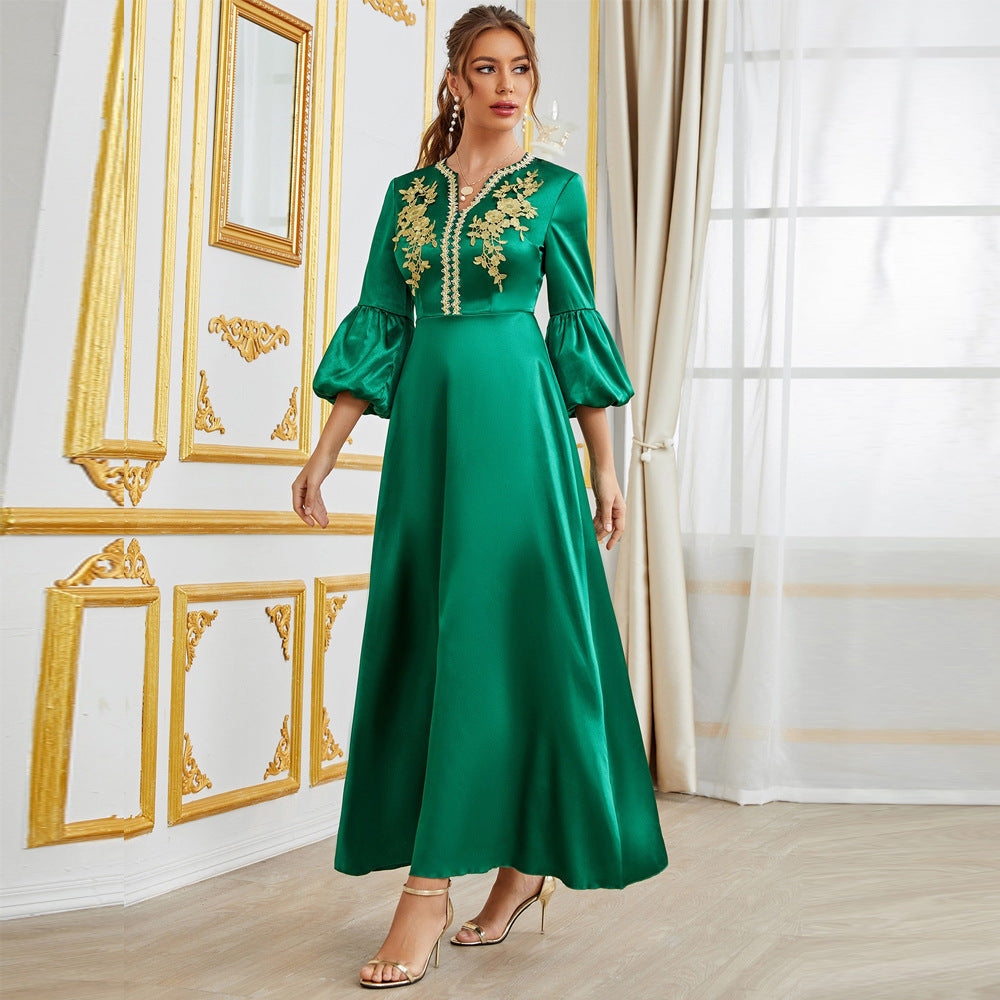 Langry fashion green satin embroidered bell sleeve dress with gold accents