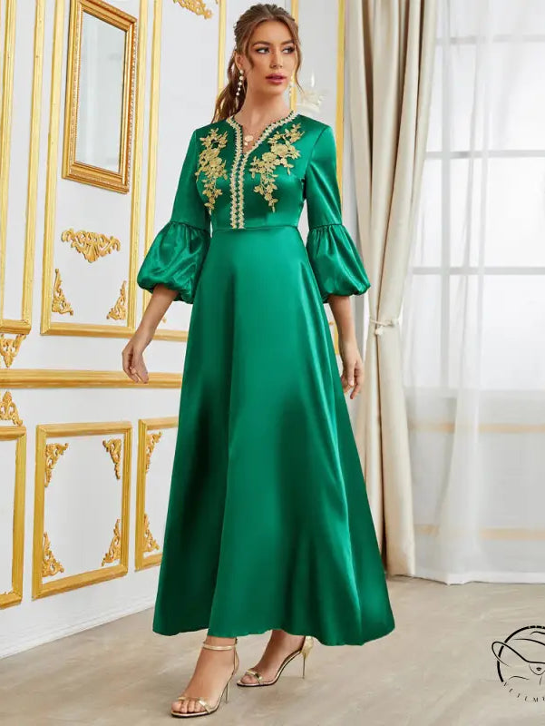 Langry fashion green satin embroidered bell sleeve dress with gold accents