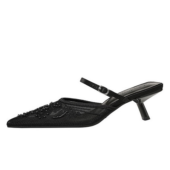 Langry black satin kitten heel sandal with beaded ankle strap