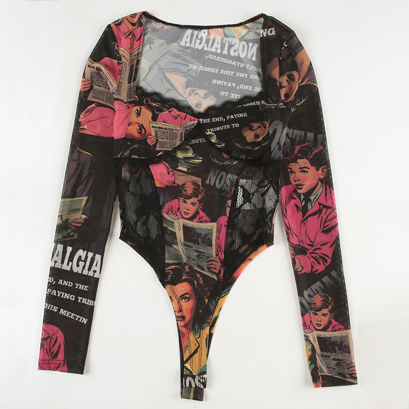 Long-sleeved graphic print bodysuit from Mesh Lace Stitching Long Sleeved Jumpsuit collection