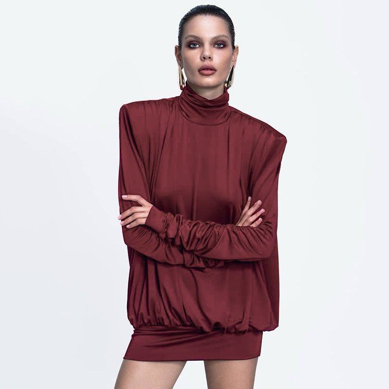 Burgundy long-sleeved turtleneck dress from Loose Pleated Cute Backless Dress collection, stylish fashion ملابس