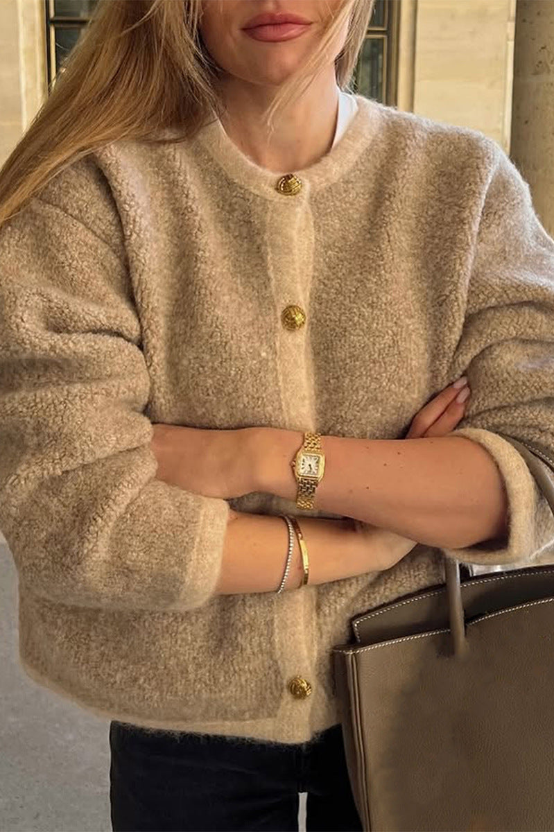 Beige oversized cardigan shacket with gold buttons, ribbed cuffs, regular sleeve