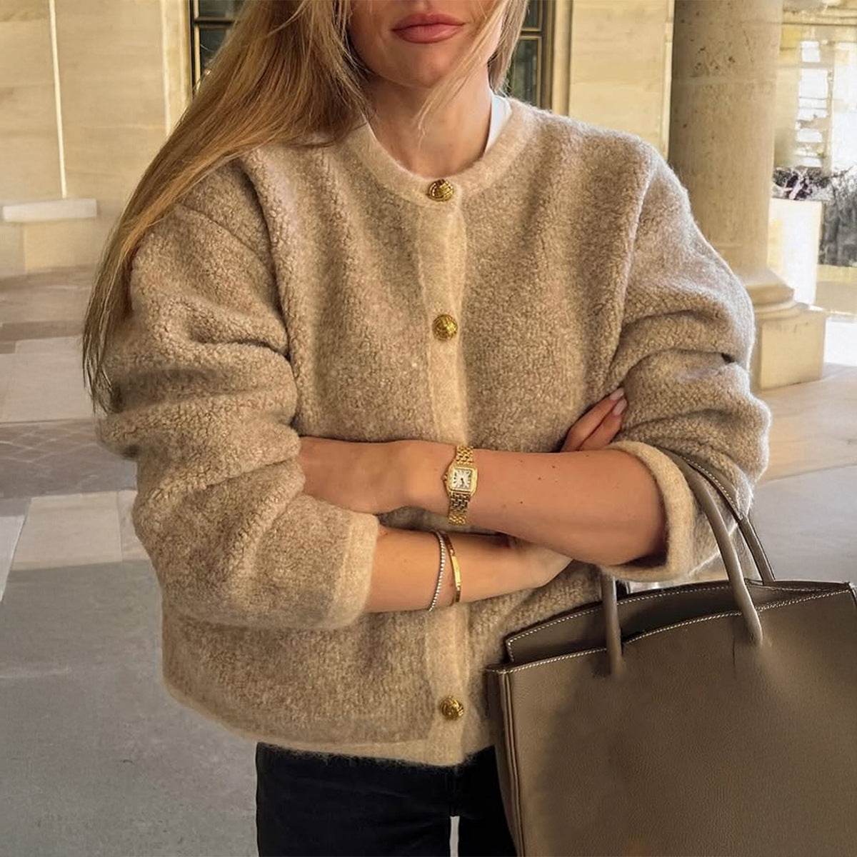 Beige oversized Cozy Woolen Shacket Sweater with gold buttons, ribbed cuffs, regular sleeve