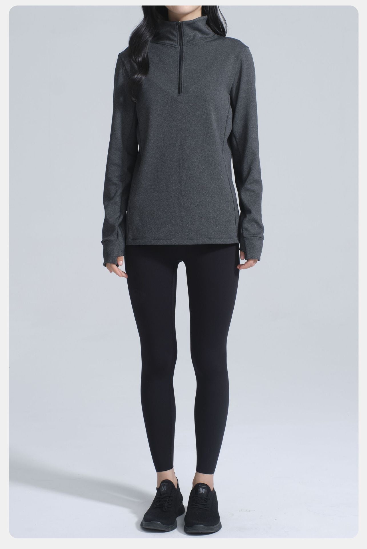 Dark grey Long-Sleeved Athletic Top with Partial Zip-Up Collar for Winter Thermal Velvet Yoga Jacket