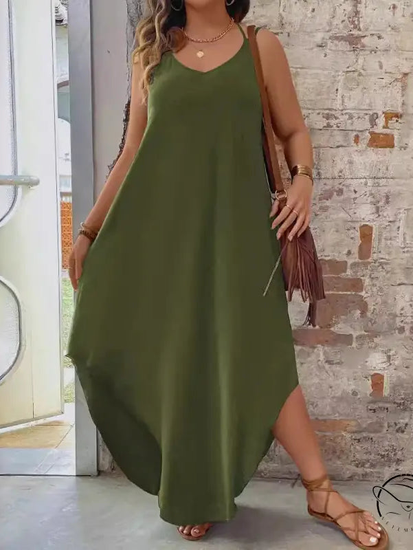 Olive green vacation casual halter spaghetti straps maxi dress
