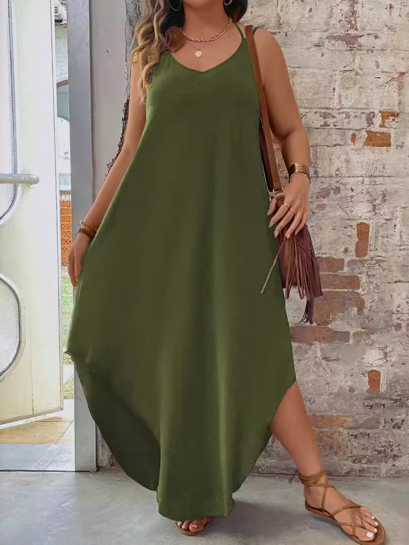 Olive green vacation casual halter spaghetti straps maxi dress with handkerchief hem