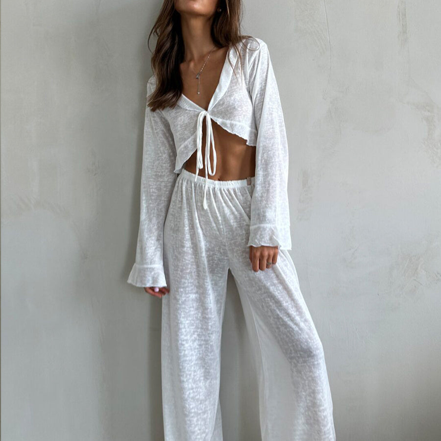Sheer white casual loose pajamas set with tie-front cropped top and wide-leg drawstring pants