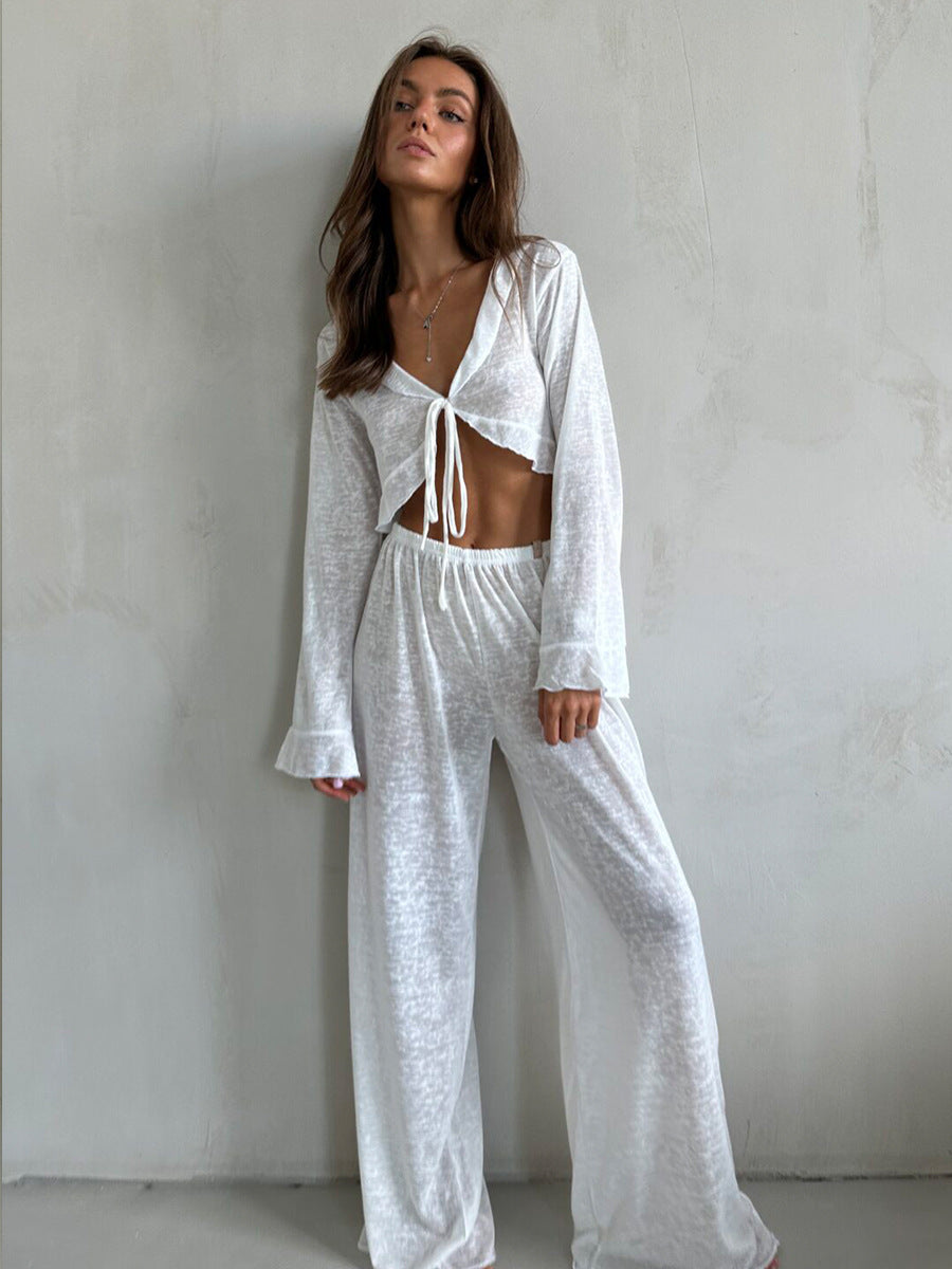 Sheer white casual loose pajamas set with tie-front cropped top and wide-leg drawstring pants