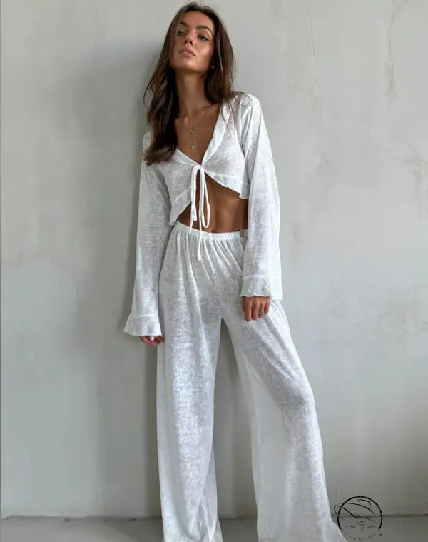 Sheer white casual loose pajamas: tie-front crop top and wide-leg pants