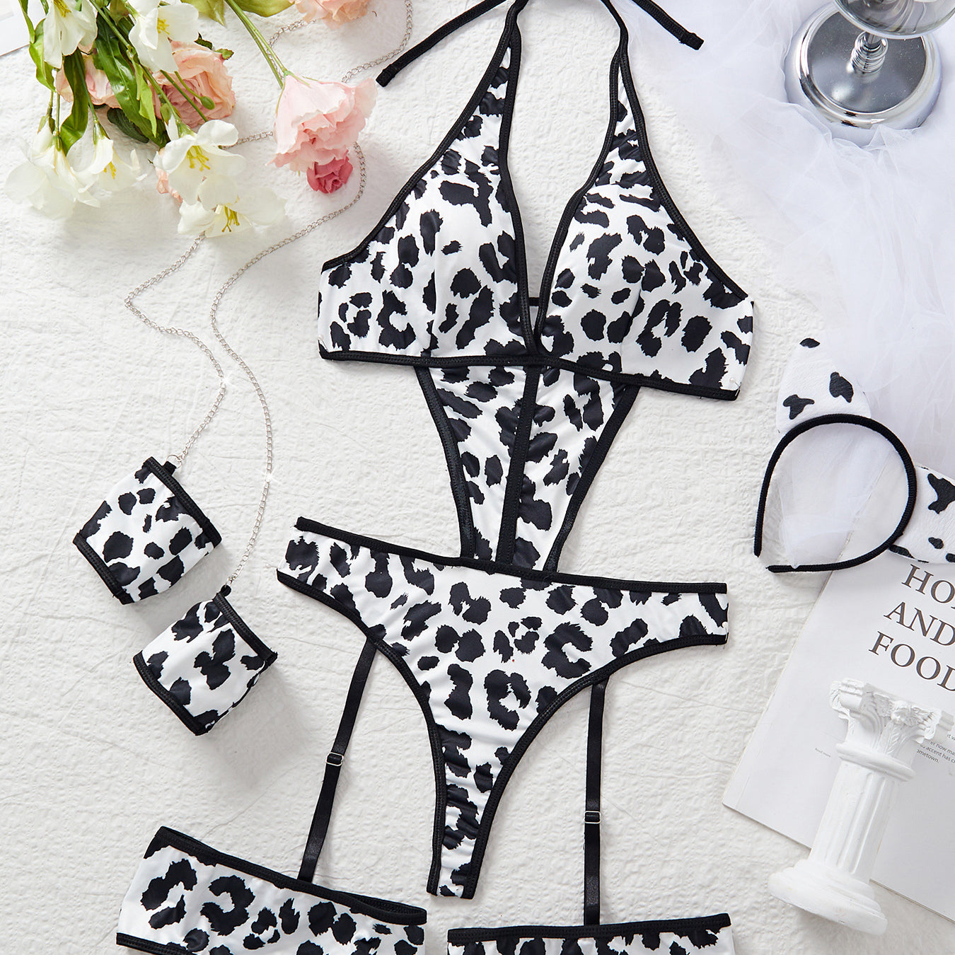 Underwear Cow Leopard Halloween Character Cosplay Clothes Hollow out Cutout Backless Halter Set