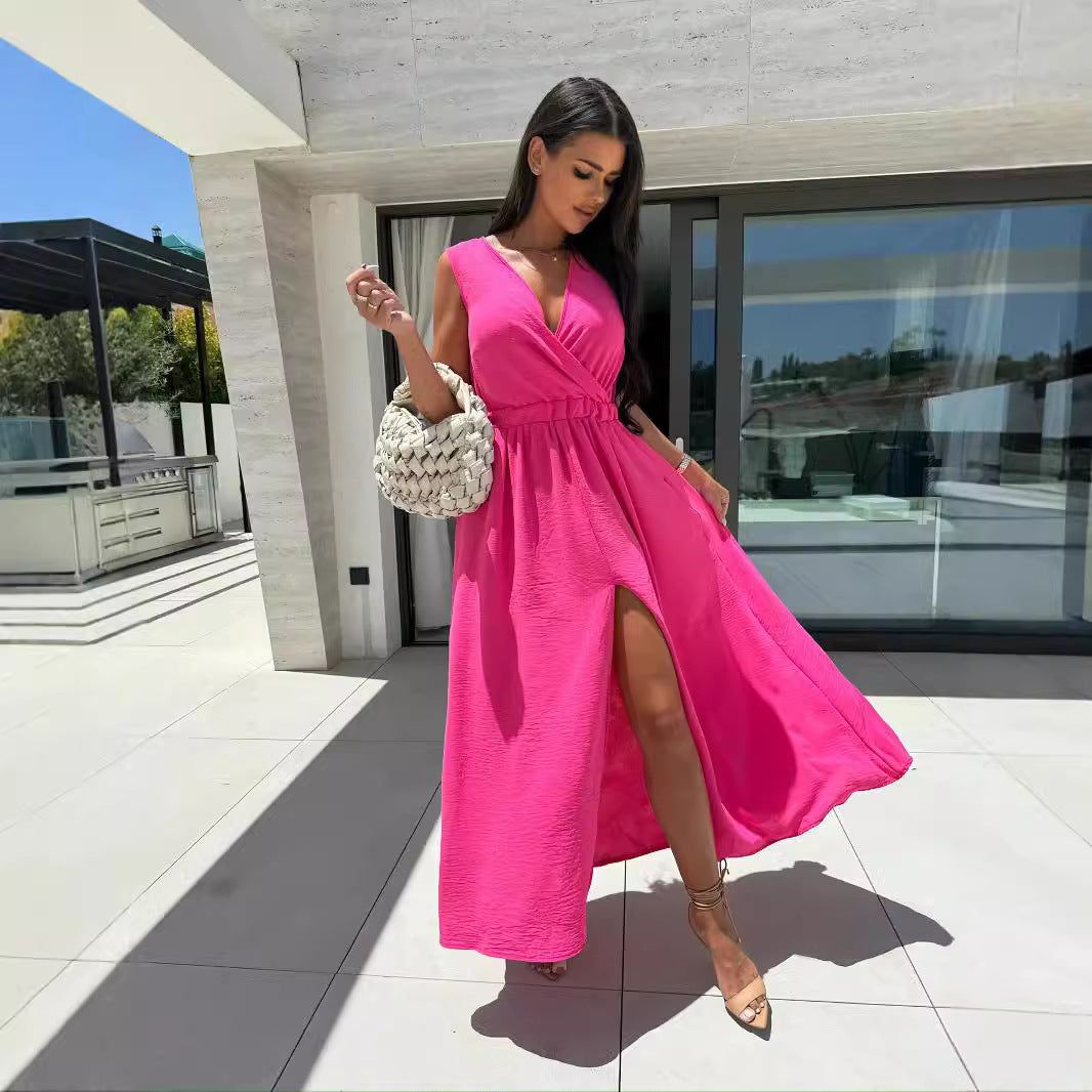 Bright pink fashion maxi dress with thigh-high slit, women clothing and ملابس style