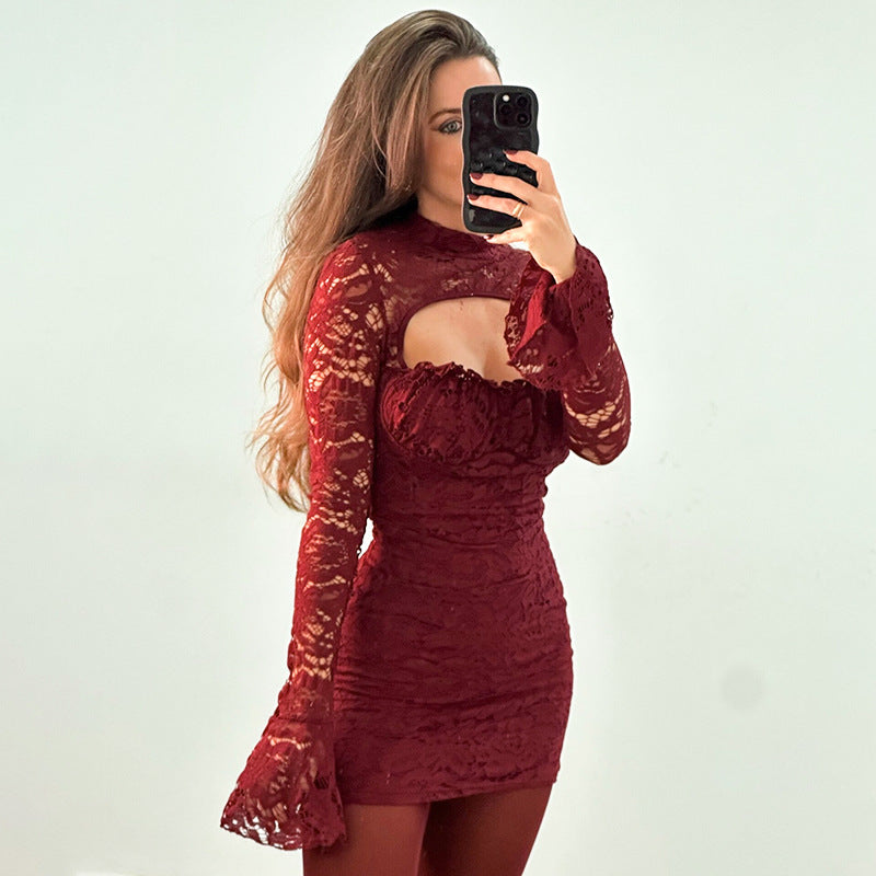 Burgundy lace bodycon dress with bell sleeves and cutout detail, perfect for elegant fashion