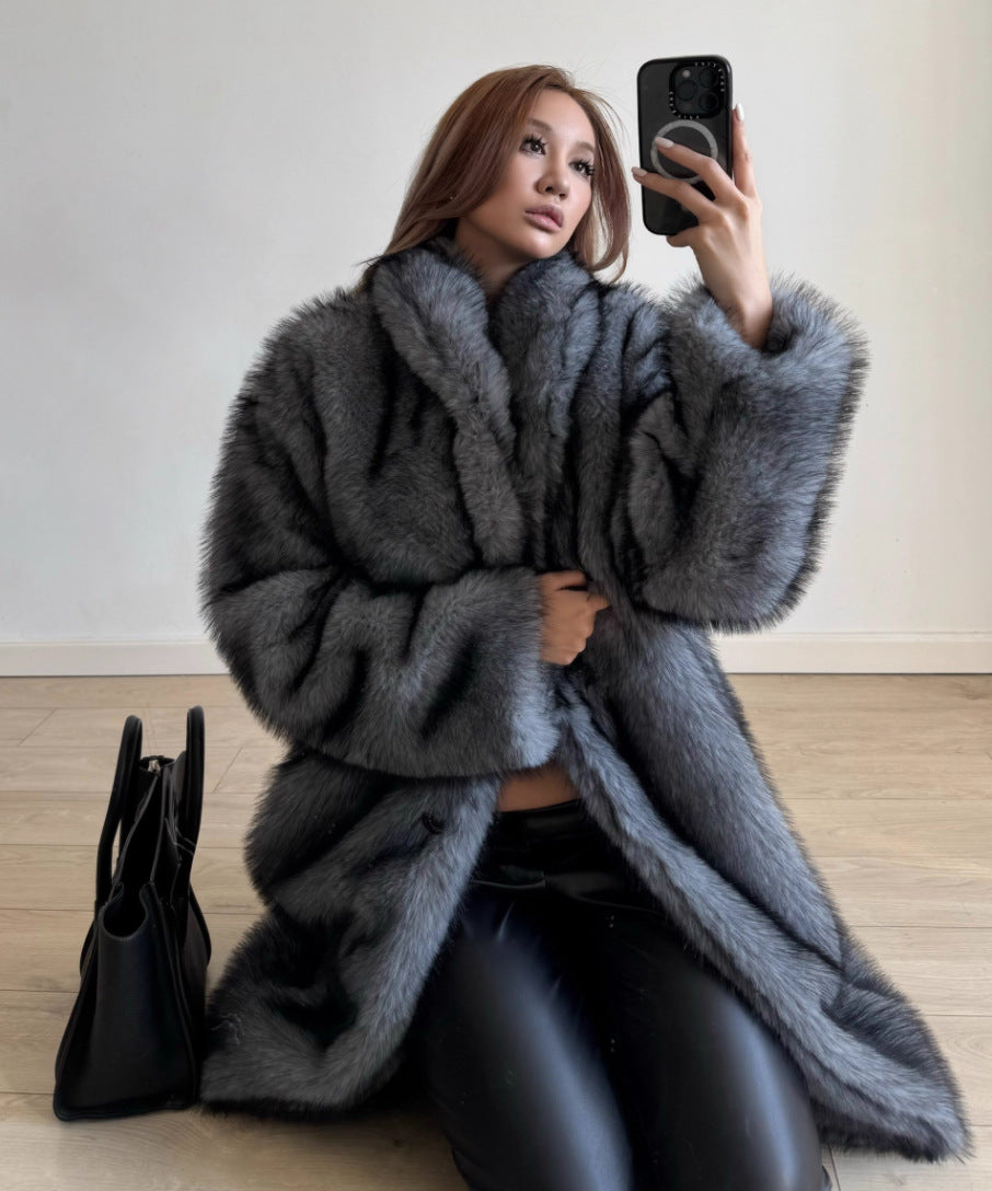 Elegant Cozy Fox Fur Coat in plush gray faux fur with long sleeves