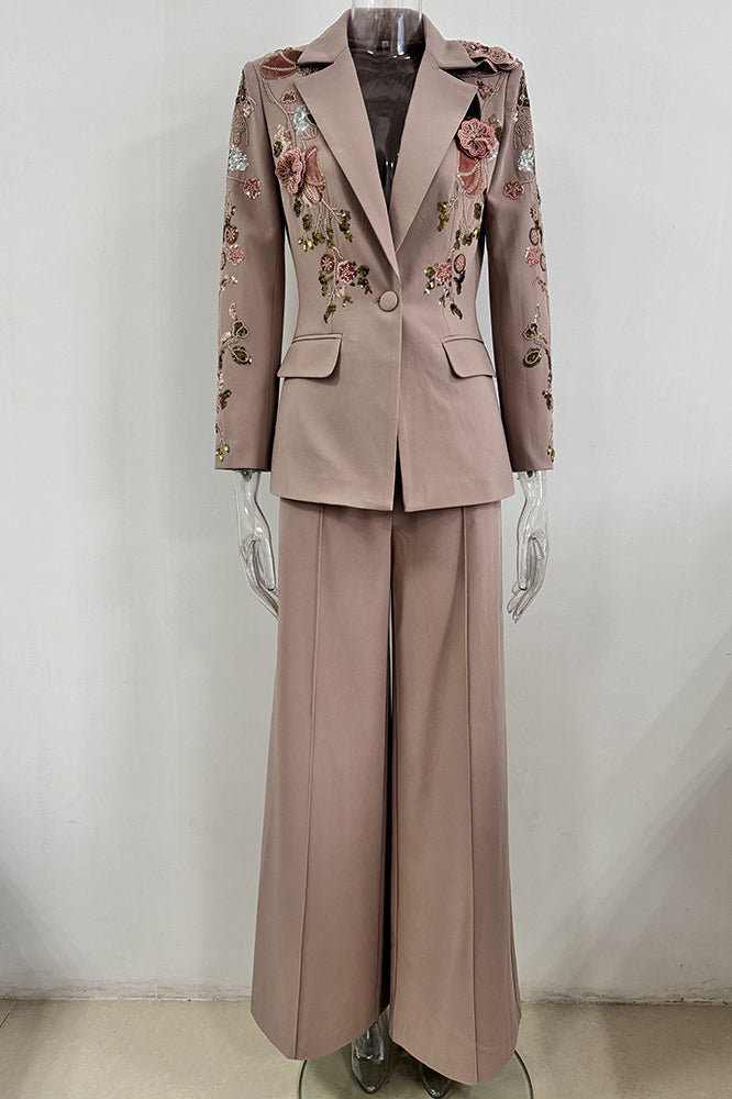 Elegant beige floral embroidered langry fashion suit with wide-leg pants and jacket