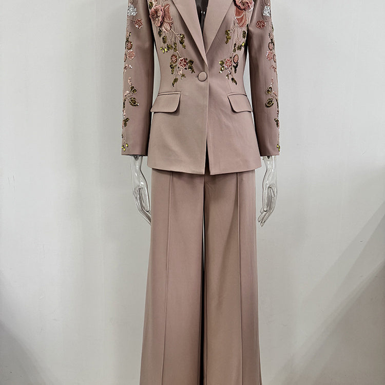 Elegant beige floral embroidered langry fashion suit with wide-leg pants and jacket