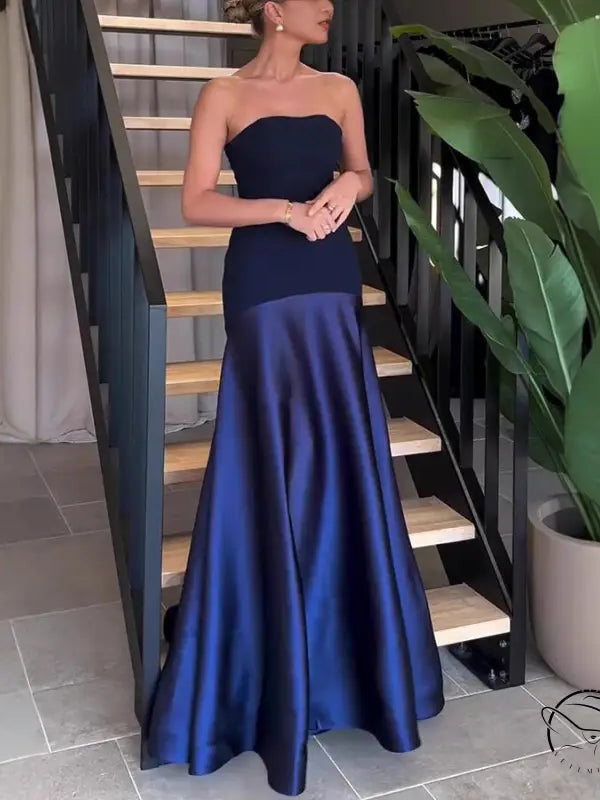 Elegant strapless navy satin dress in Langry fashion
